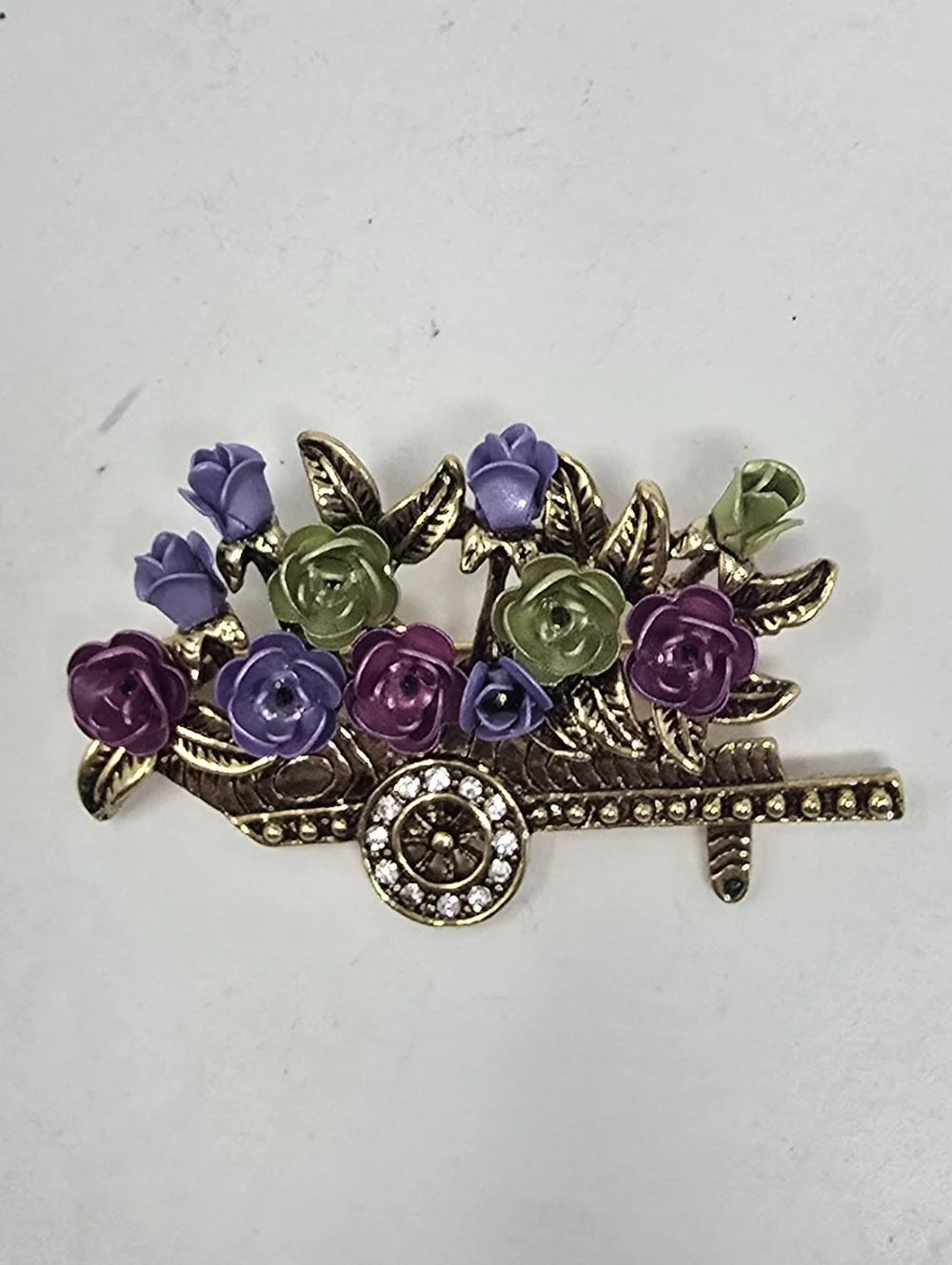 Vtg enamel‎ rhinestone flowers wheelbarrow brooch garden gold tone nature farm